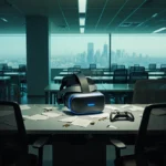 Empty futuristic office has lone AR headset on desk with broken VR controllers and city skyline outside window