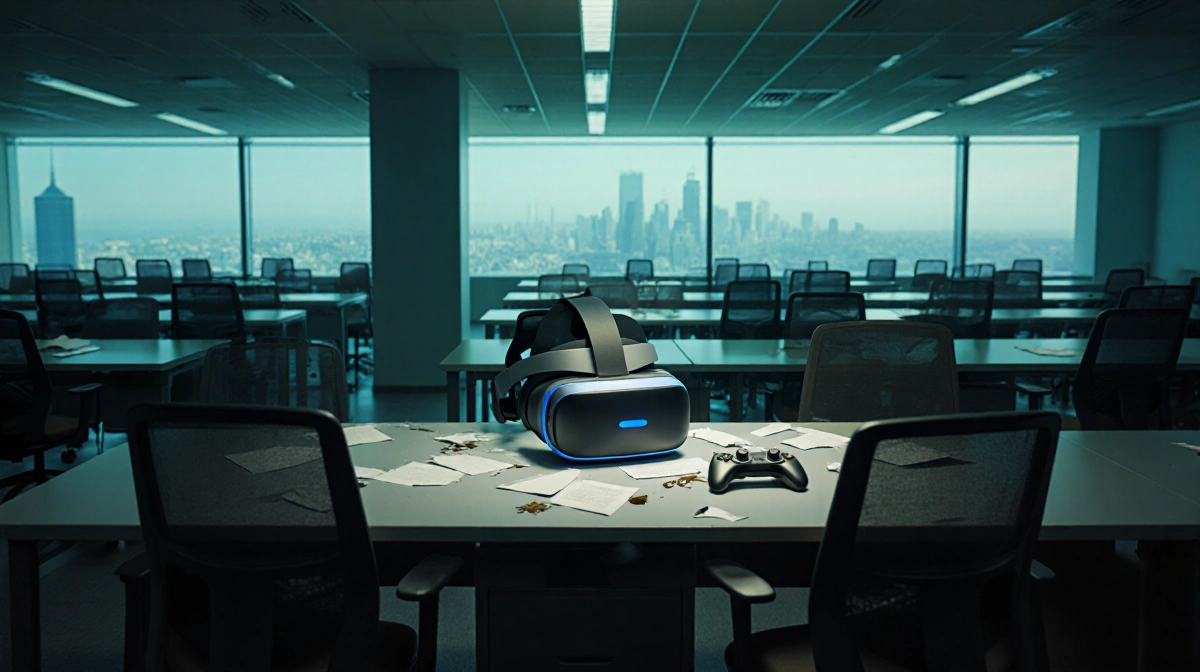 Empty futuristic office has lone AR headset on desk with broken VR controllers and city skyline outside window