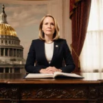 Abigail Spanberger stands at wooden desk with Virginia state capitol dome rising behind her and ceremonial documents before h
