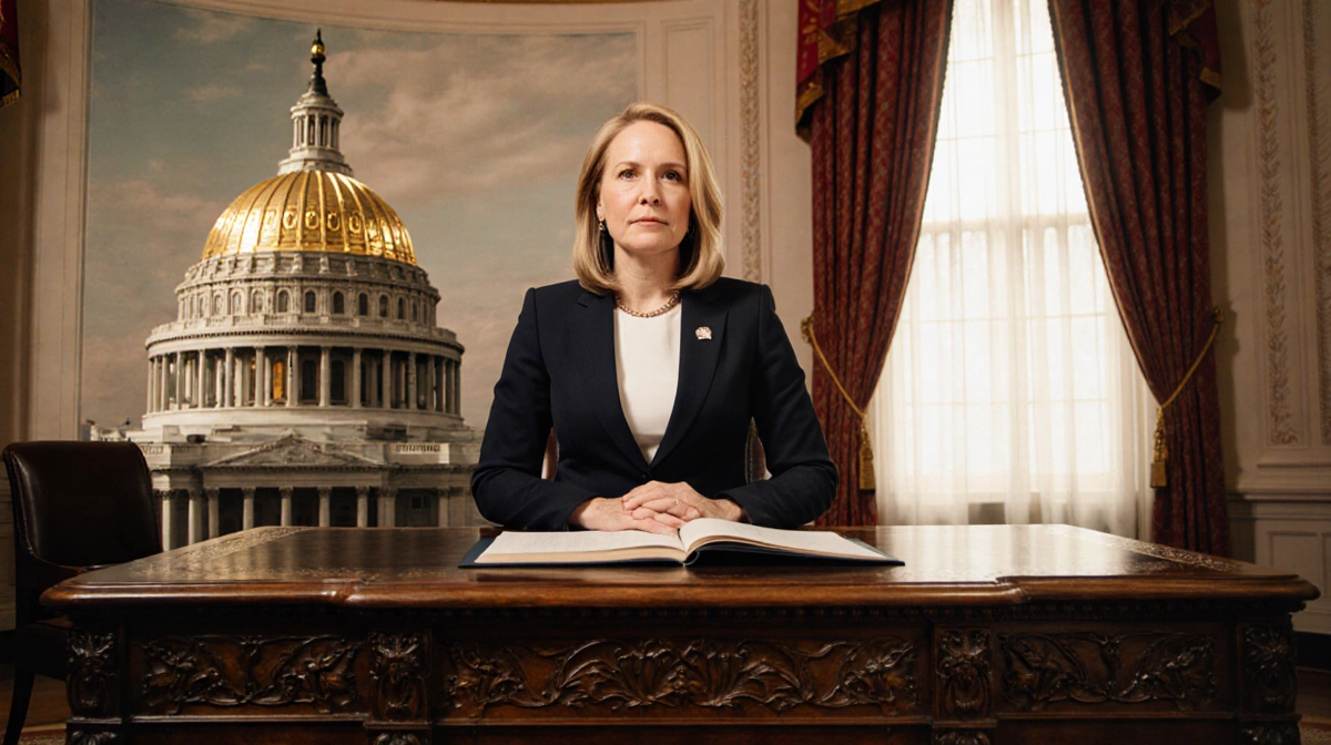 Abigail Spanberger stands at wooden desk with Virginia state capitol dome rising behind her and ceremonial documents before h