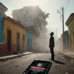 Person standing with eyes upturned toward sky in Acapulco and crumbling building behind smartphone showing emergency alert