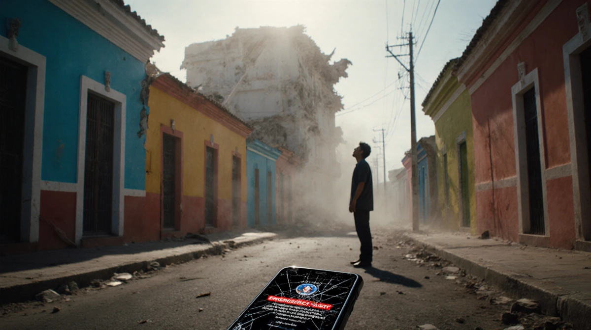 Person standing with eyes upturned toward sky in Acapulco and crumbling building behind smartphone showing emergency alert
