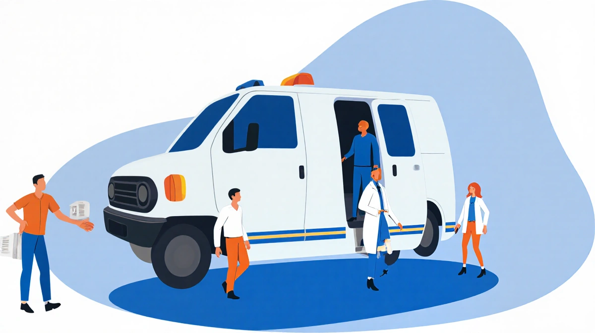 Sheriff's deputy escorting handcuffed suspect from courthouse with patrol car and medical transport van waiting