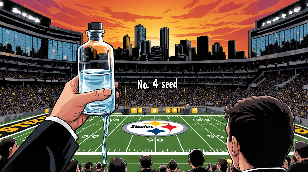 Priest holding bottle and cup of holy water on sunset Stadium football field with Steelers logo and skyline reflection