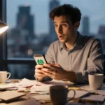 Person with ADHD sitting at desk staring at a clock while holding phone showing Forest app with blurred city lights behind
