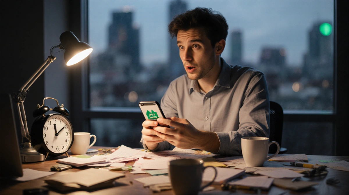 Person with ADHD sitting at desk staring at a clock while holding phone showing Forest app with blurred city lights behind