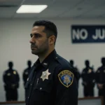 Adrian Gonzales standing under a dim courtroom lamp with blurred silhouettes of 376 officers and a No Justice sign behind him
