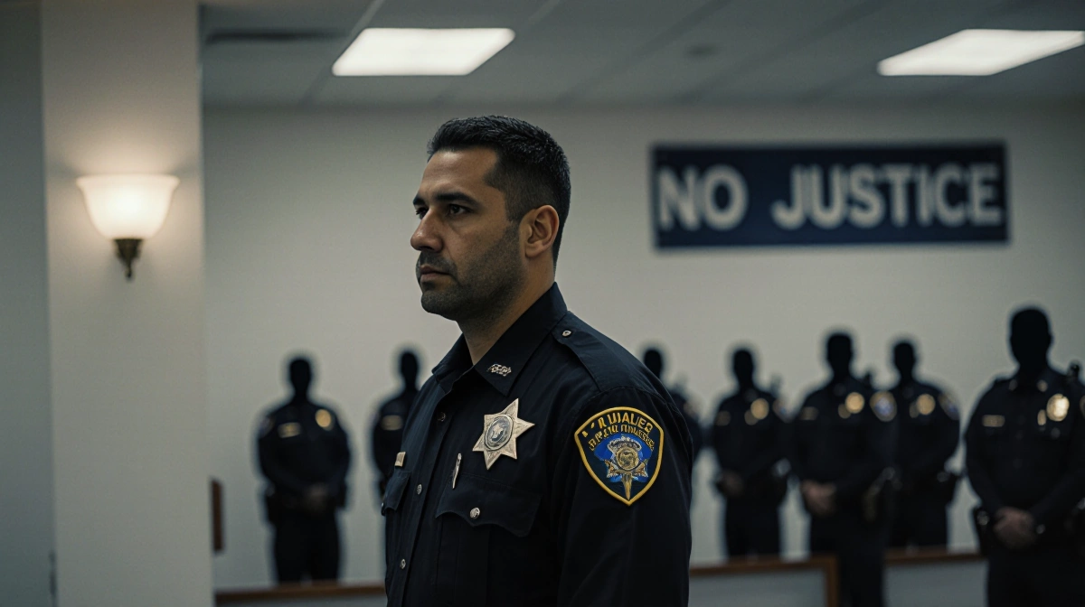 Adrian Gonzales standing under a dim courtroom lamp with blurred silhouettes of 376 officers and a No Justice sign behind him
