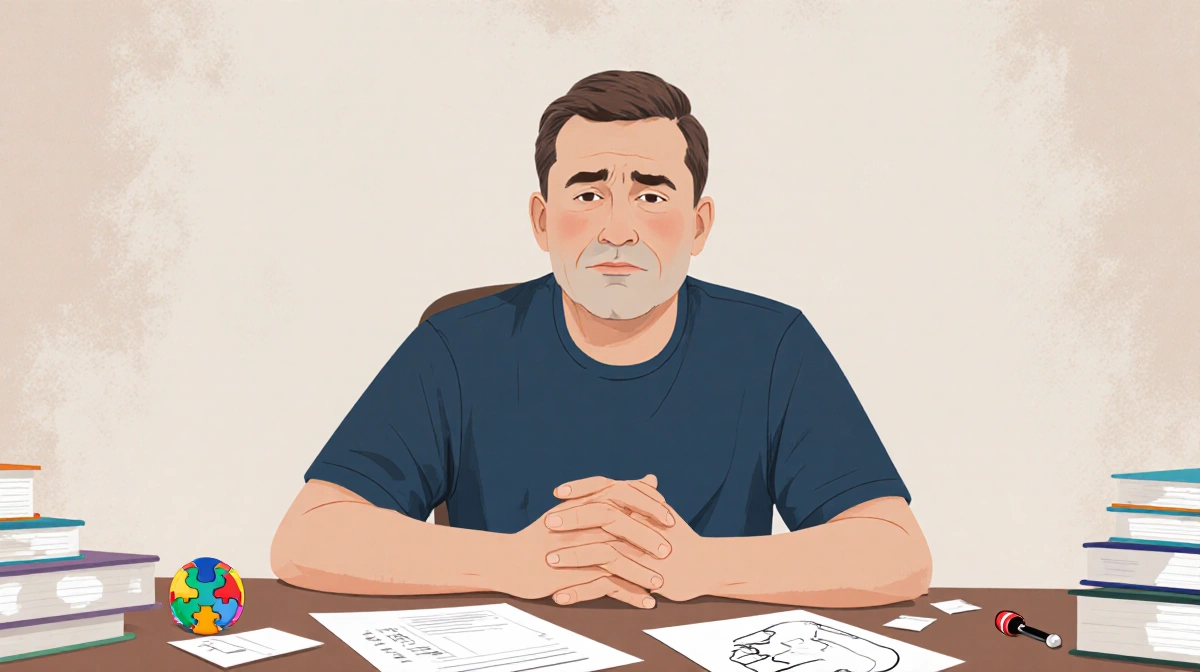 Man clasping hands with gentle expression and fidget toy near desk and scattered papers