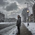 Figure standing on snowy sidewalk with frozen streetlights and grey winter sky