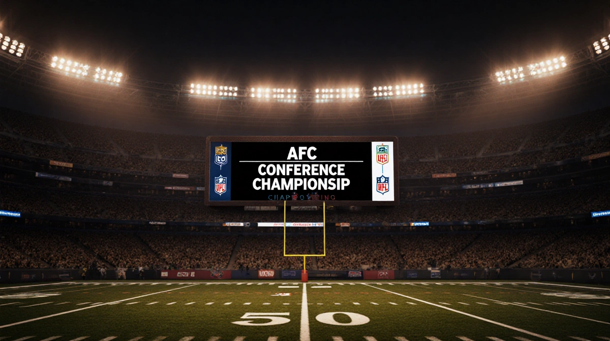 AFC Championship scoreboard glowing under stadium lights with team names and championship title showing