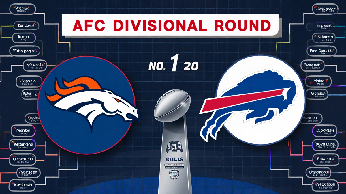 NFL playoff bracket shows Denver Broncos with first-round bye and Buffalo Bills marked as knocked off with 27-24 win