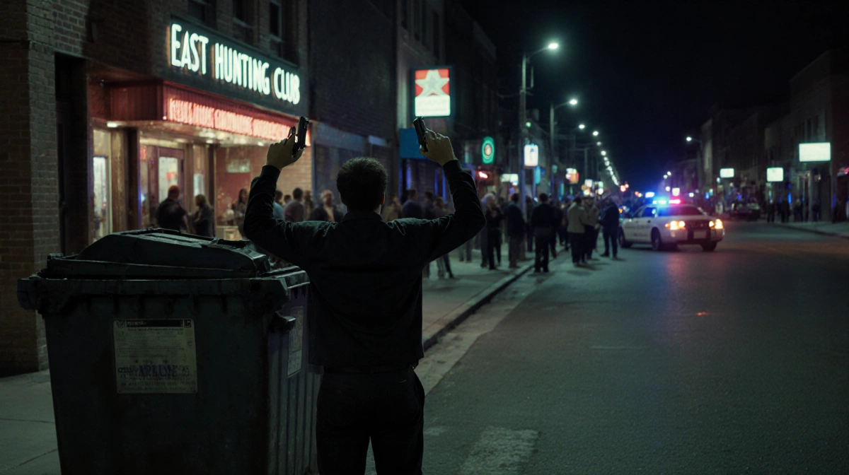 Man hiding behind dumpster with handgun raised and crowd near club entrance with police car approaching