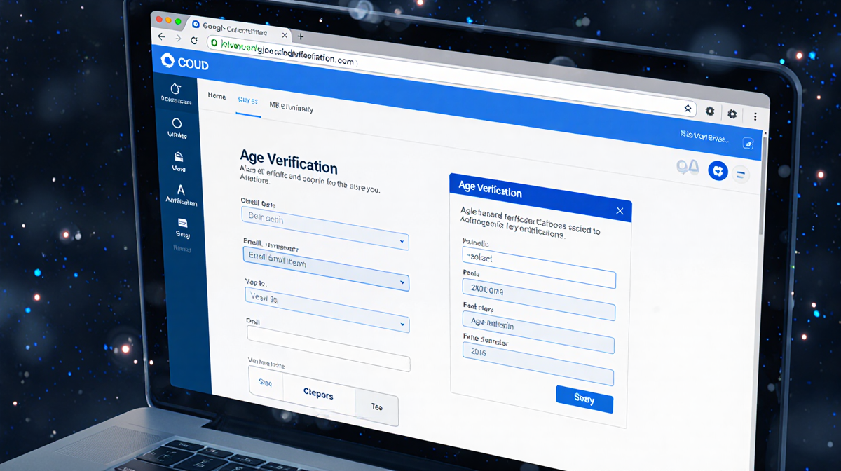 Age verification dashboard animates user data fields with UK login page background and blue trust hues.