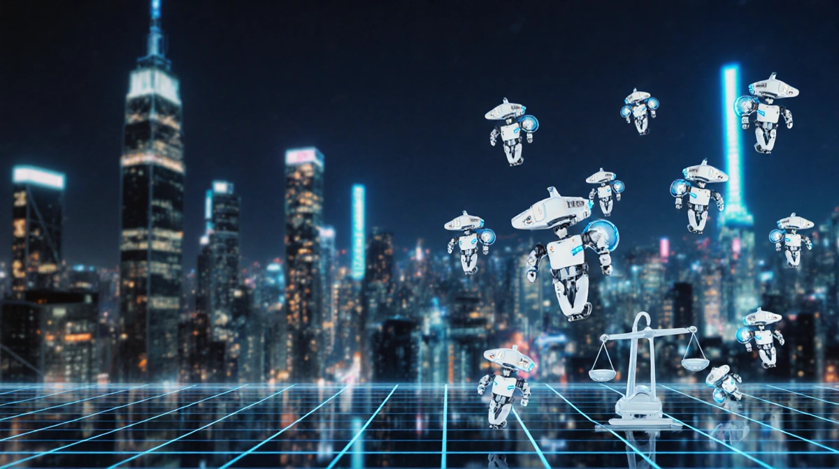 Swarming robots conducting AI transactions with neon cityscape and market growth chart showing trillion dollar projection