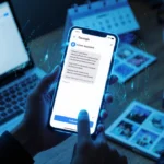 Futuristic smartphone shows personalized AI assistant with neon blue glow and swirling patterns near home office desk