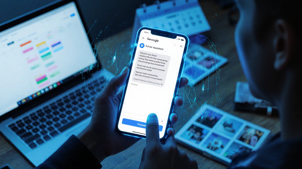 Futuristic smartphone shows personalized AI assistant with neon blue glow and swirling patterns near home office desk