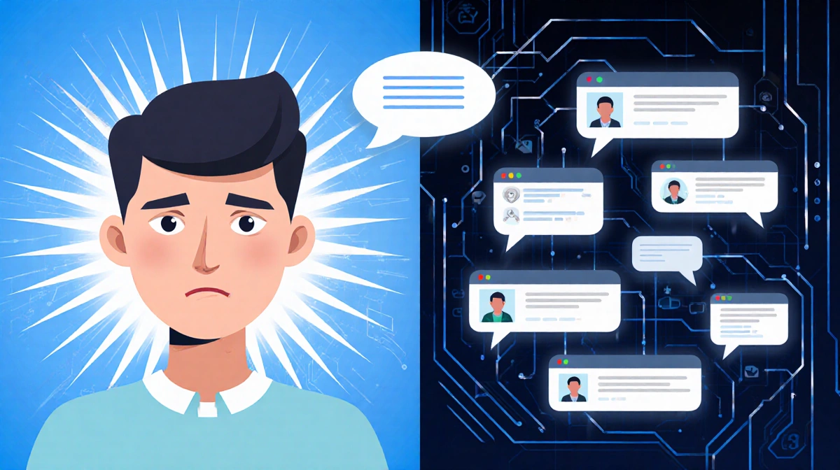 Chat windows analyzing user data with concerned avatar and AI chatbots delivering personalized ads