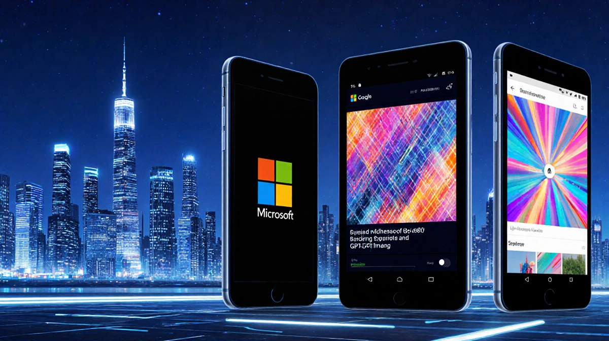 Three smartphones showing Google Microsoft and ChatGPT interfaces with futuristic city skyline and neon lights