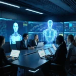 Team collaborates with AI holograms in high-tech command center with data screens showing cybersecurity protocols