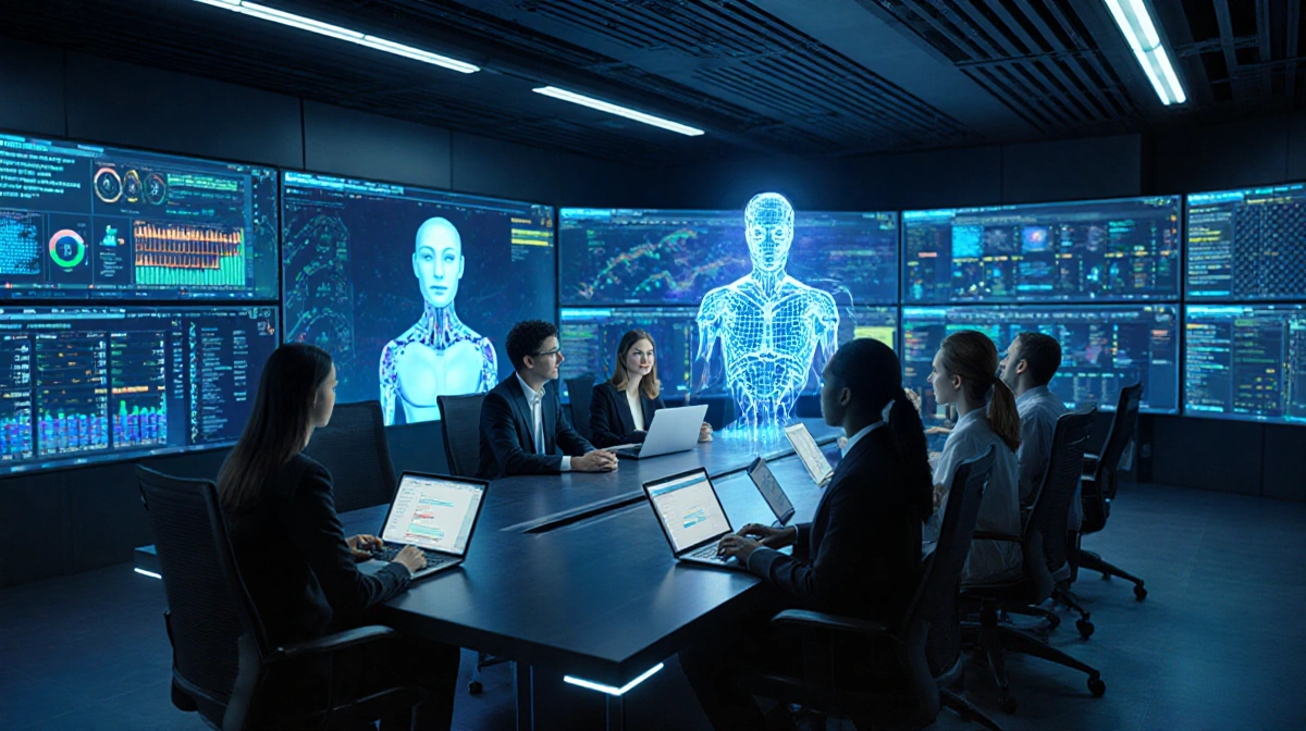 Team collaborates with AI holograms in high-tech command center with data screens showing cybersecurity protocols