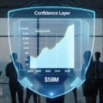 AI dashboard displays funding spike graph with transparent confidence layer shield around console and executives collaboratin