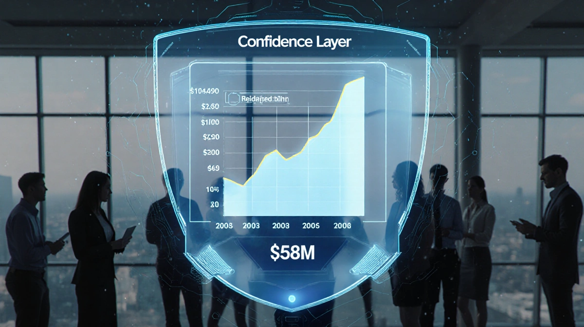 AI dashboard displays funding spike graph with transparent confidence layer shield around console and executives collaboratin