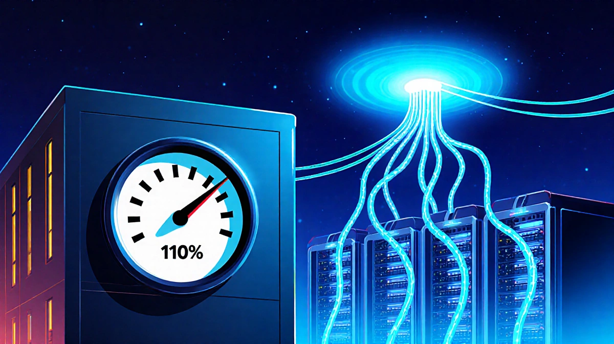 Futuristic data center building showing peak load meter exceeding capacity with glowing electricity lines and pulsating blue 