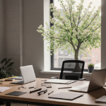Design tools and laptops clutter the wooden desk with green accents while a blooming tree fills the window background.