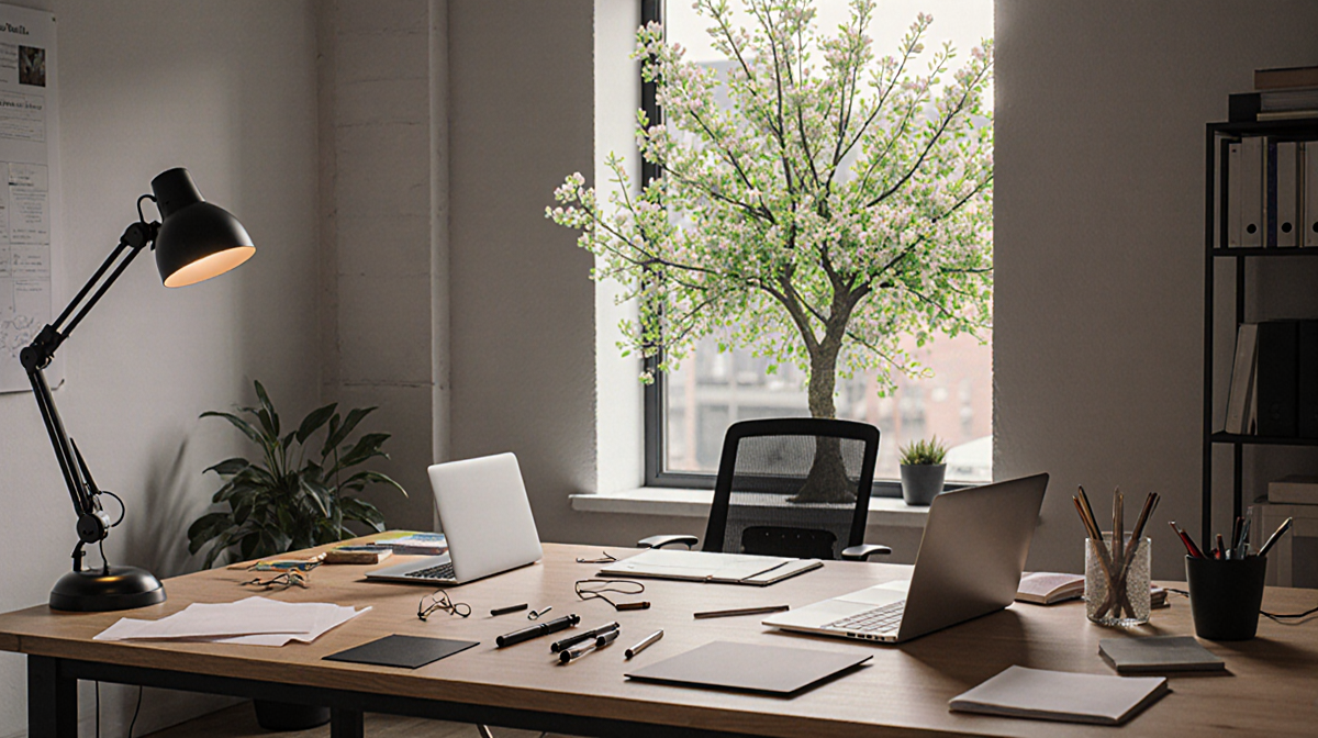 Design tools and laptops clutter the wooden desk with green accents while a blooming tree fills the window background.