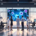 Scientists discussing molecular animation on large screen with glass walls and OpenAI branding in modern lab