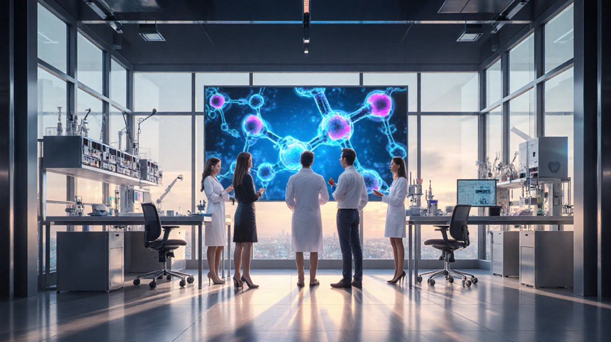 Scientists discussing molecular animation on large screen with glass walls and OpenAI branding in modern lab