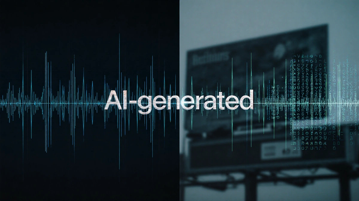 Split-screen waveform graphs compare AI-generated music with original track showing faint watermark and billboard background