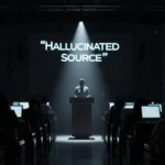 Speaker stands at podium with glowing citation reading Hallucinated Source and audience faces hidden behind laptops