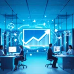 Healthcare professionals analyze AI growth data on large screen with servers and medical equipment surrounding workspace