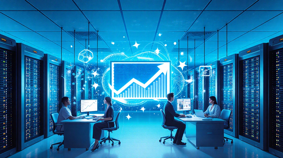 Healthcare professionals analyze AI growth data on large screen with servers and medical equipment surrounding workspace