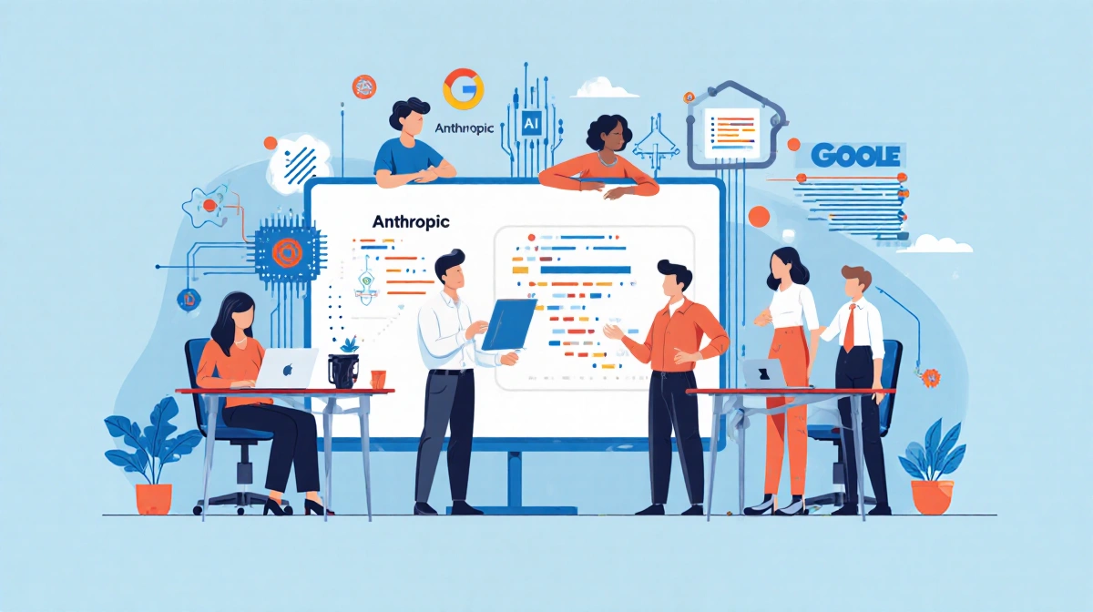 Diverse AI team collaborating around a whiteboard with circuit board patterns and code snippets.