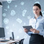 Young woman using AI tablet with modern medical equipment and cell patterns on wall