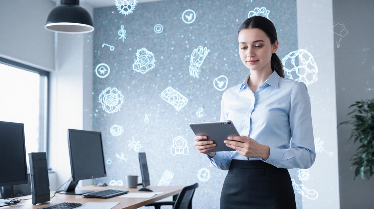 Young woman using AI tablet with modern medical equipment and cell patterns on wall
