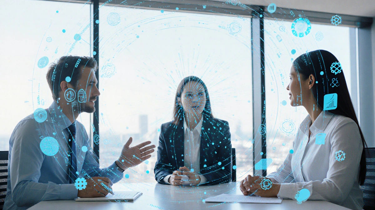 AI agent overlays medical sales team with life-science data swirling around them in modern office