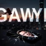 Gavel looms over shattered smartphone with Elon Musk on cracked screen and dark cityscape behind