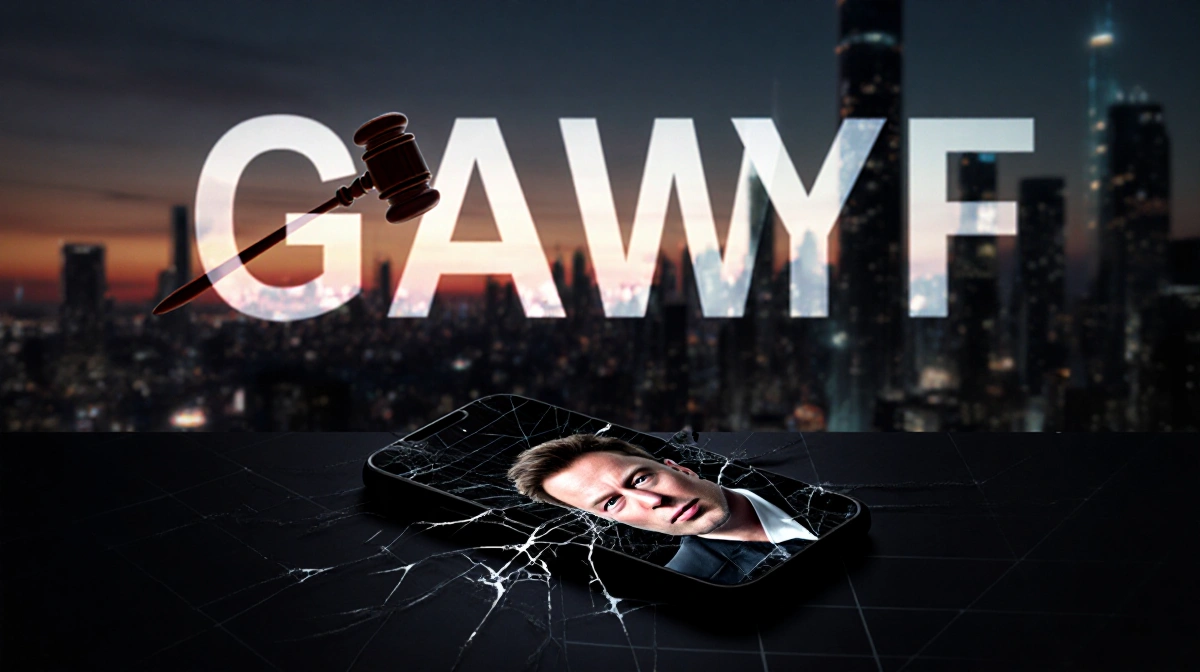 Gavel looms over shattered smartphone with Elon Musk on cracked screen and dark cityscape behind