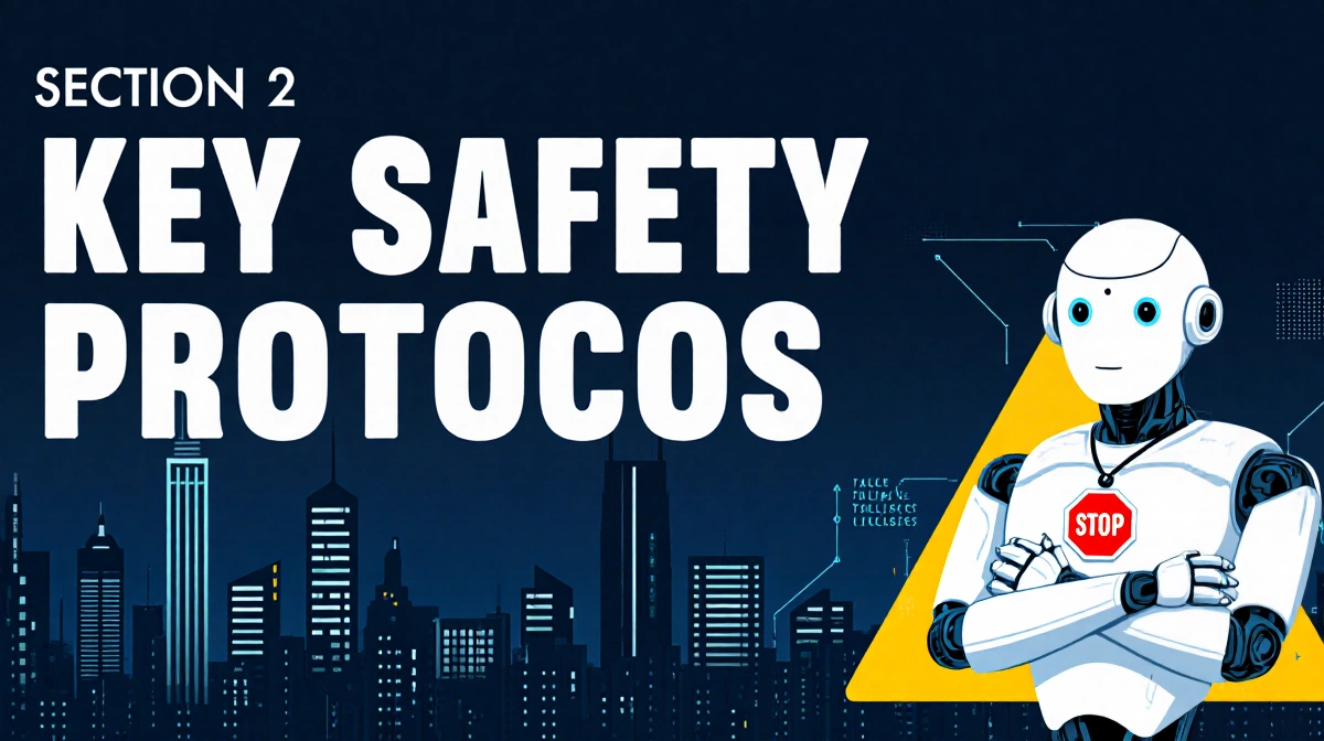 Humanoid robot stands with arms crossed and stop badge while safety protocols text glows against city skyline with warning tr