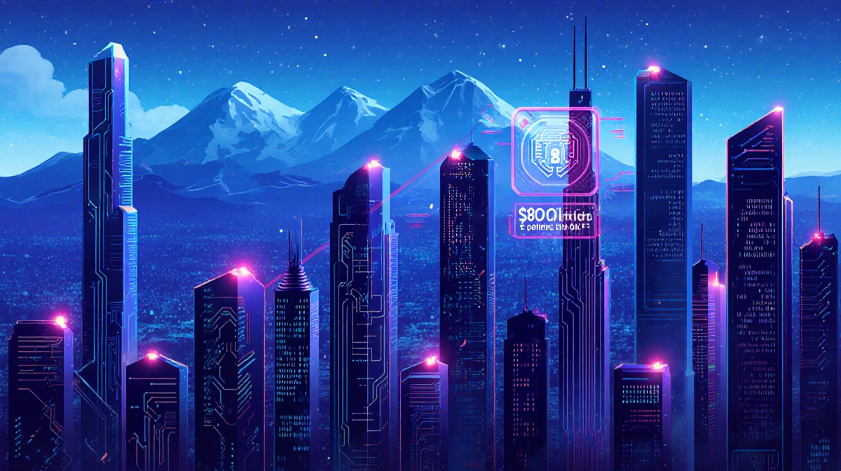 Futuristic cityscape rises with glowing AI circuits and towering skyscrapers showing $800 billion AI security market growth