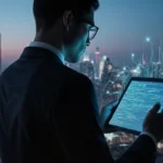 Professional standing with tablet showing AI interface and city lights reflecting in glasses