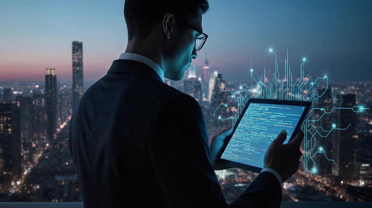 Professional standing with tablet showing AI interface and city lights reflecting in glasses