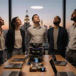 Five diverse startup founders stand together looking up at city skyline with laptops and devices on wooden table at dusk