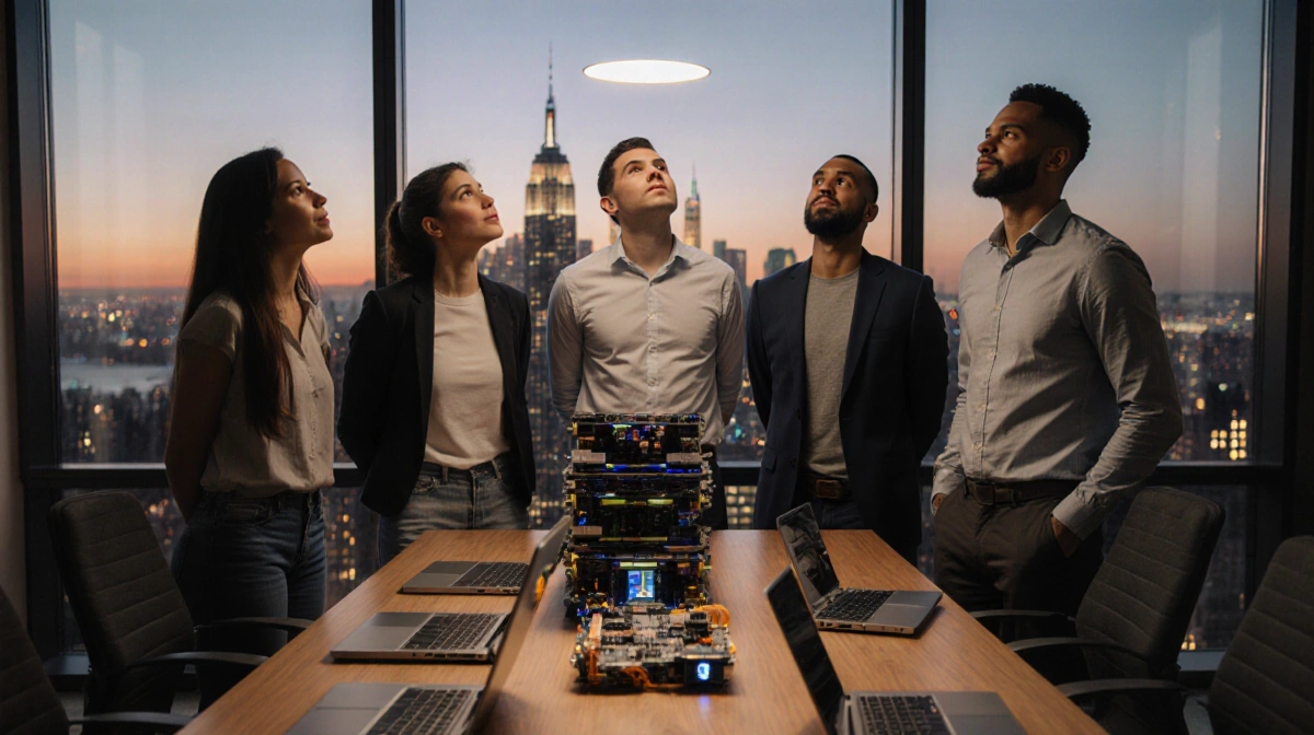 Five diverse startup founders stand together looking up at city skyline with laptops and devices on wooden table at dusk