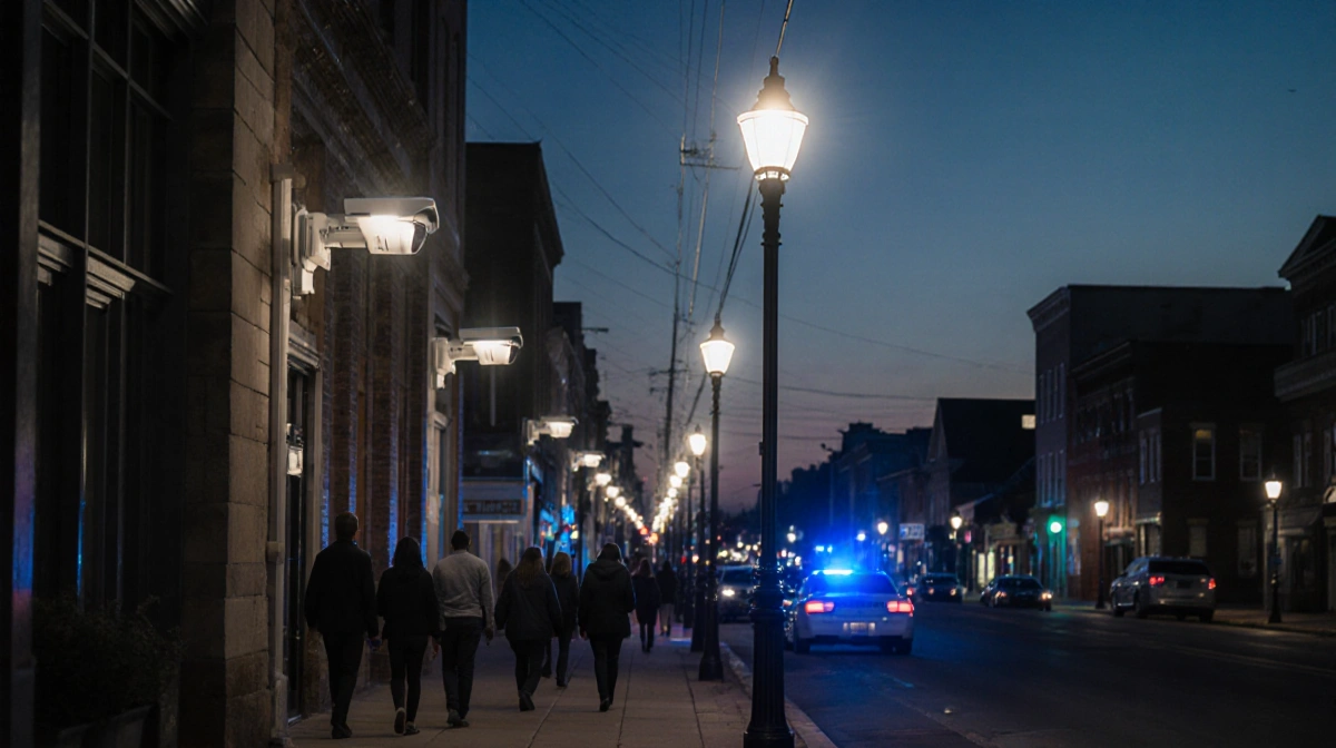 AI surveillance cameras watch East Lansdowne street at dusk with people walking and police lights flashing