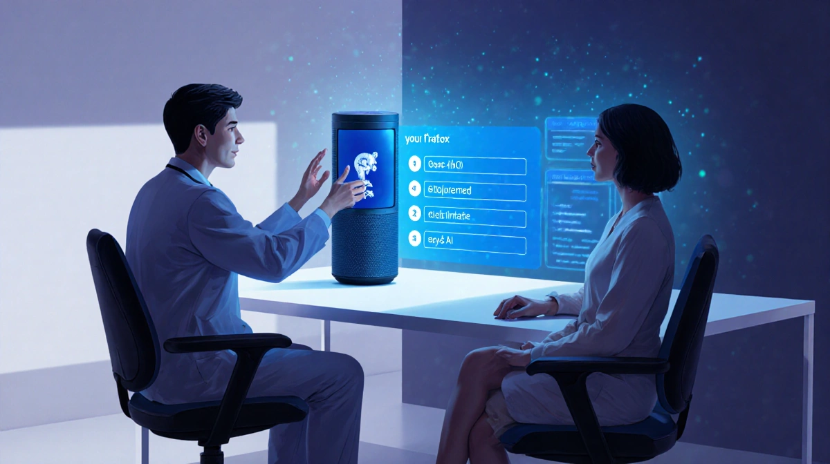 Doctor gestures to glowing AI medical device with patient listening and real-time data flowing